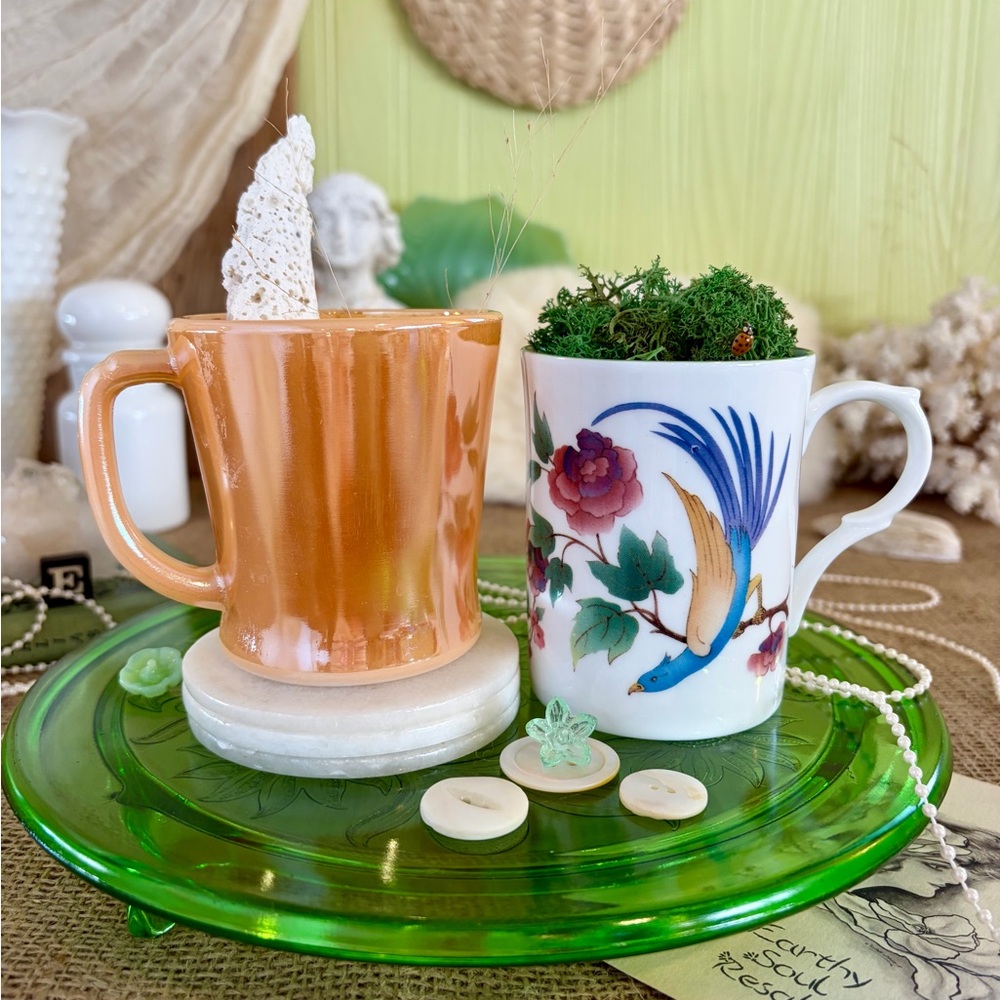 Vintage Fire-King Peach Mug & Bone China Bird Mug Pair 🍑 🐦 Unique Home Decor